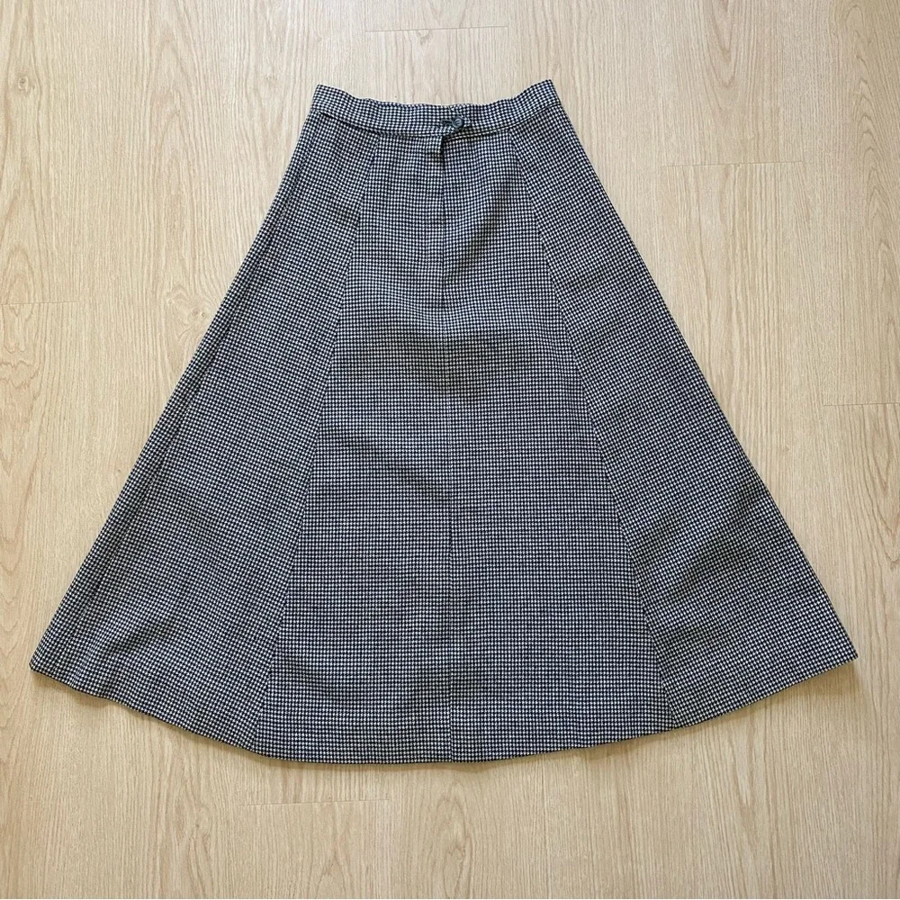 Vintage Wool Houndstooth A-Line Midi Skirt (~XS, 0)
